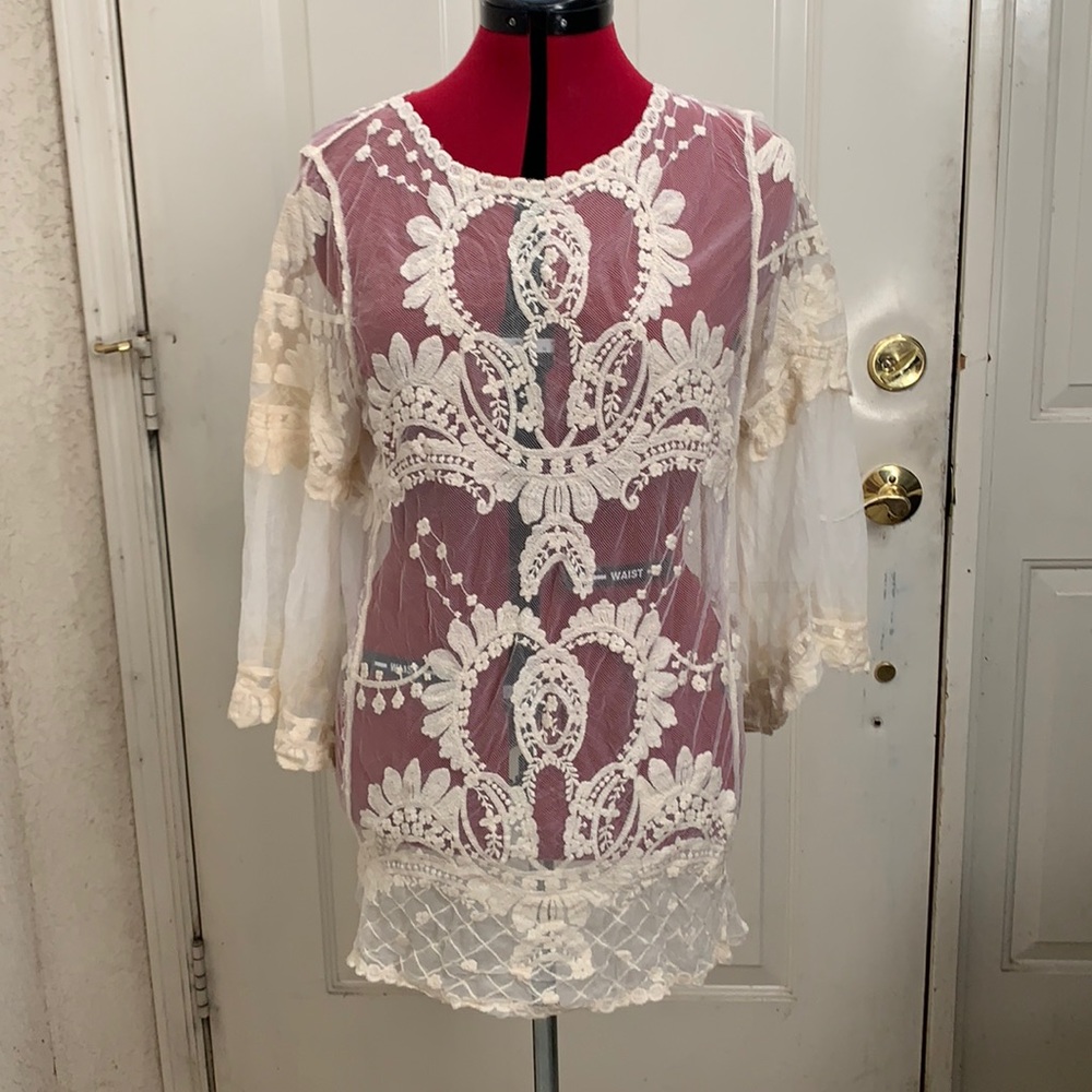 Banana USA large sheer lace blouse 3/4 sleeve cream NWT